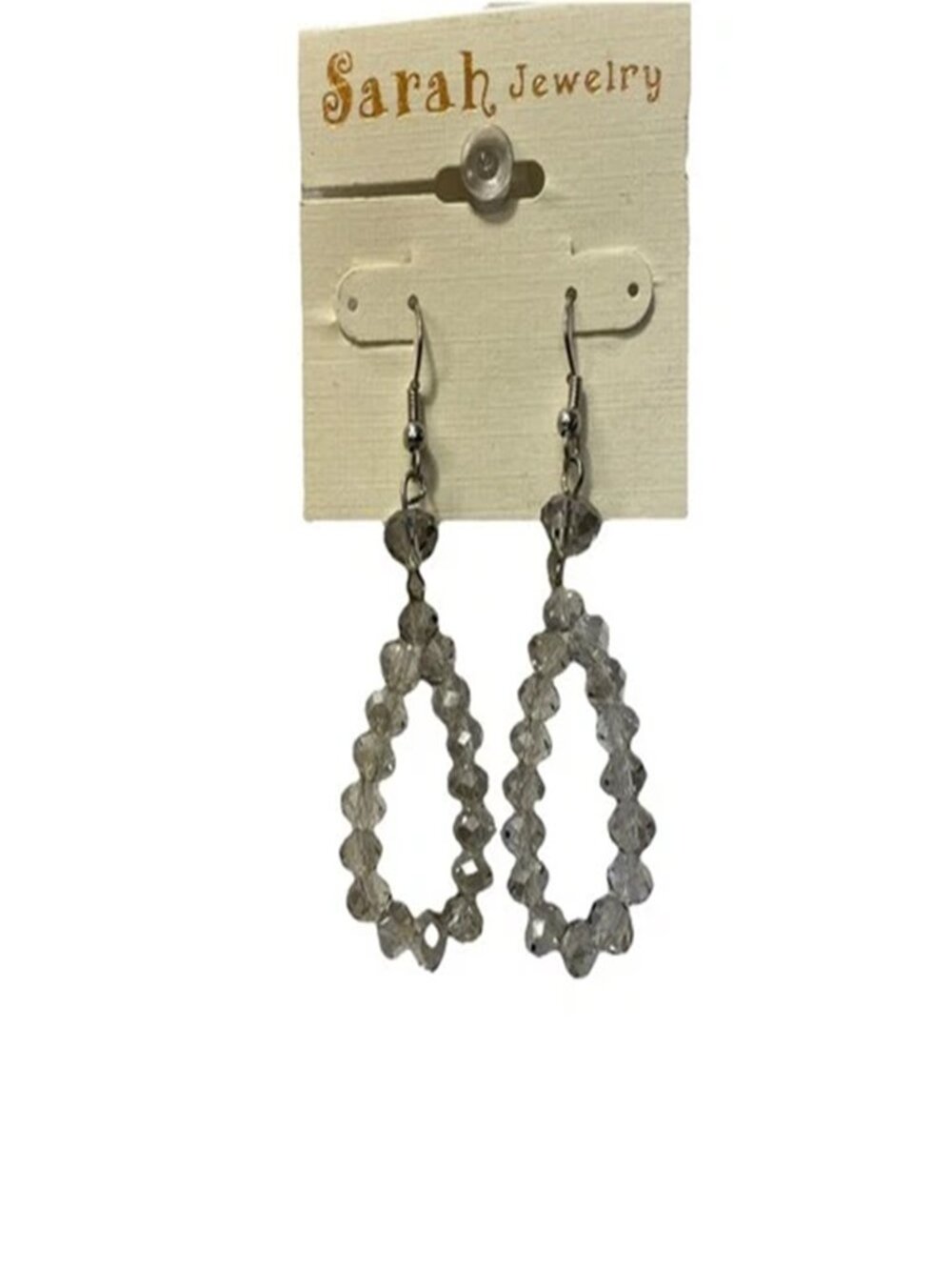 Clear Gray Beaded Teardrop Dangle Earrings 2.5" Lightweight Bead Hooks Sarah